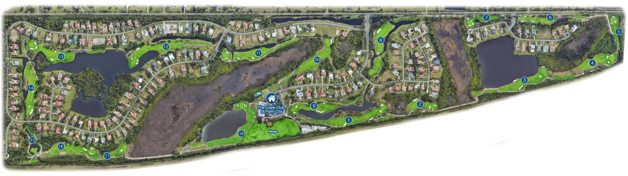 The Cape Club of Palm City course layout map with numbered holes, lakes, preserves, clubhouse, and driving range