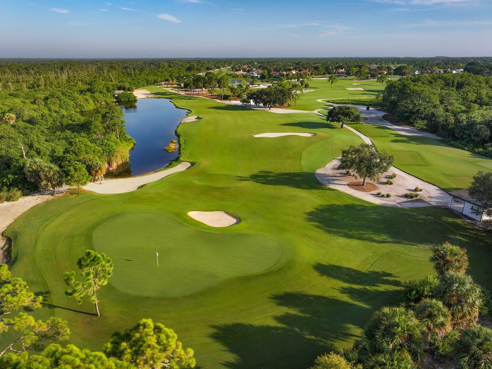 Aerial of a Hobe Sound Golf Club green with a lake and pine forest beyond