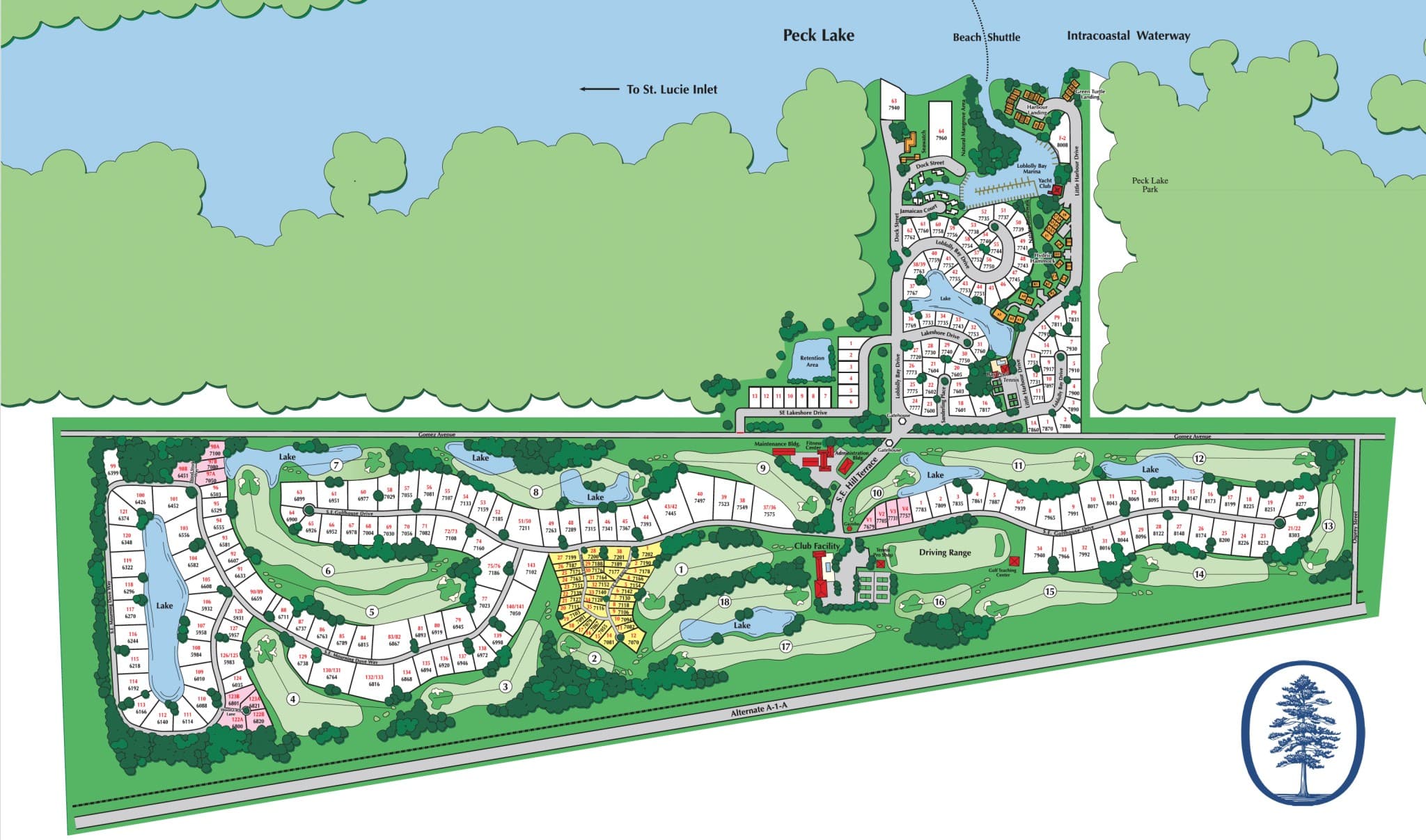 Loblolly site plan map with numbered golf holes 1 through 18, the club facility, driving range, lakes, homesites, and the marina on Peck Lake in Hobe Sound