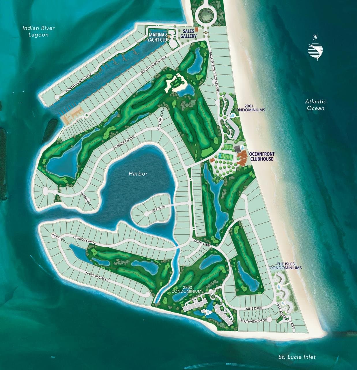 Sailfish Point master site plan showing the Jack Nicklaus Signature golf course, harbor, marina, and Oceanfront Clubhouse on Hutchinson Island