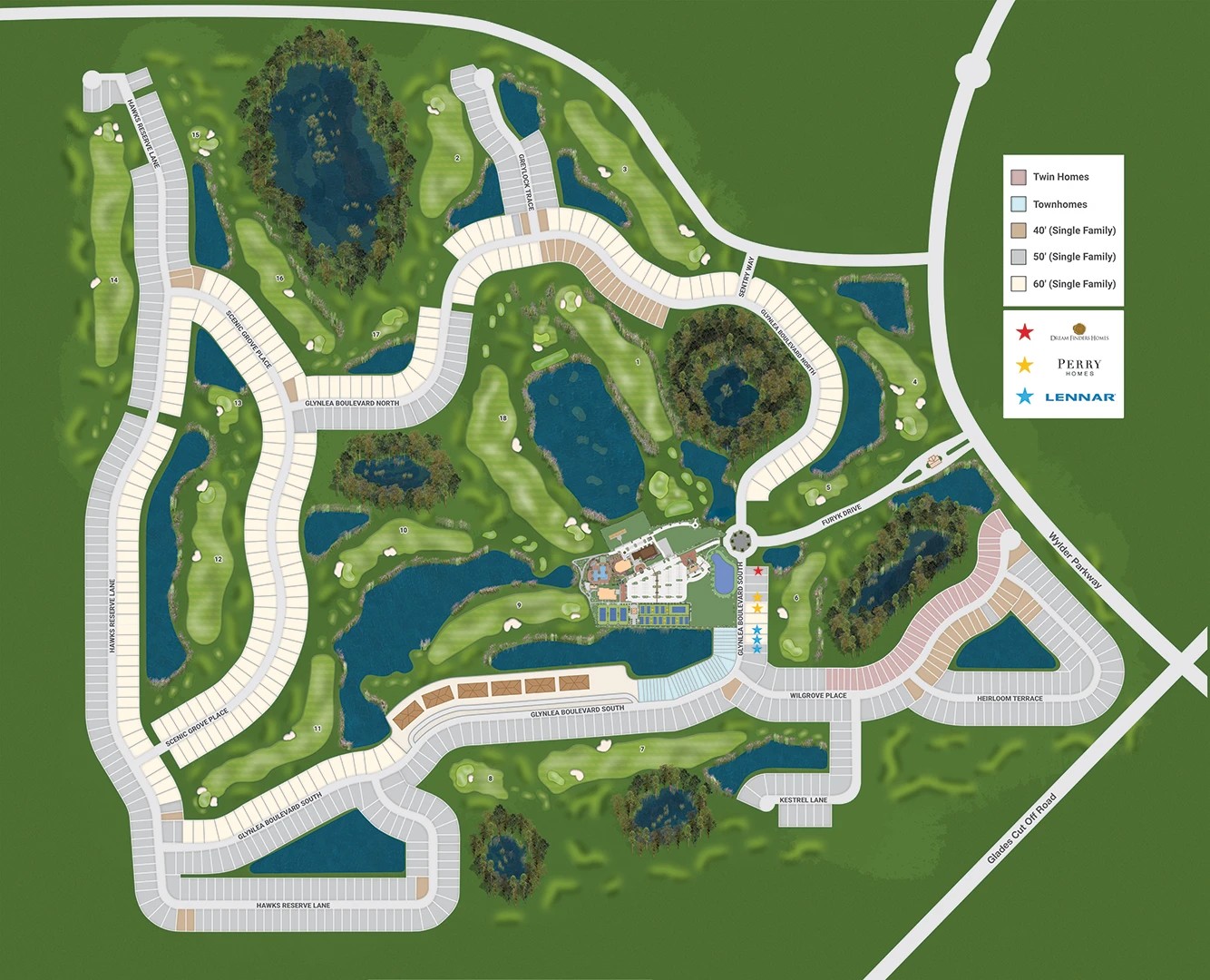 Glynlea Country Club and Wylder community site plan with numbered golf holes, lakes, club campus, home types, and builder locations