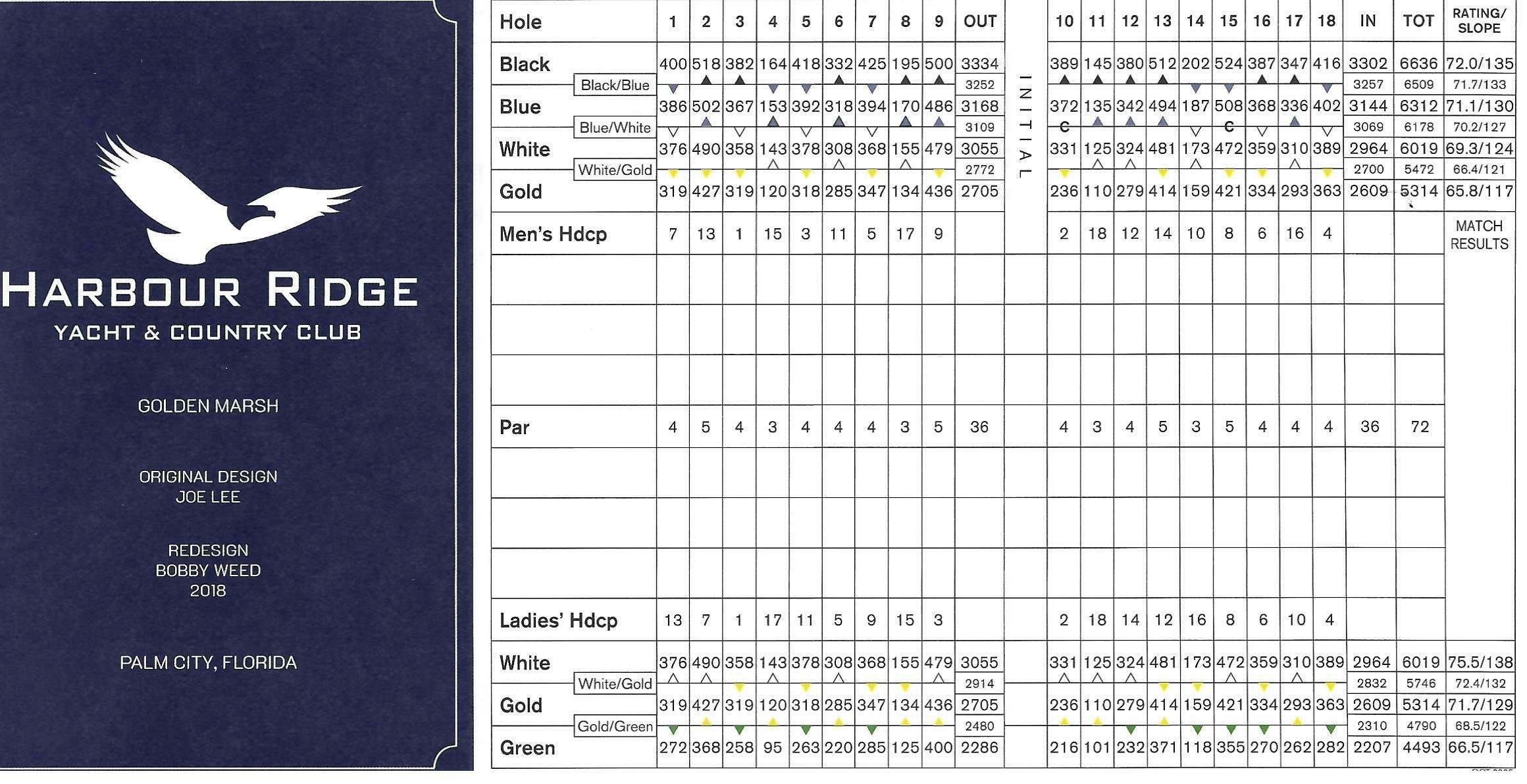 Harbour Ridge Golden Marsh course scorecard with Black, Blue, White, Gold, and Green yardages, pars, handicaps, and ratings