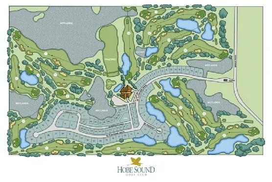 Illustrated site map of Hobe Sound Golf Club showing the 18-hole routing, practice area, clubhouse, and wetlands