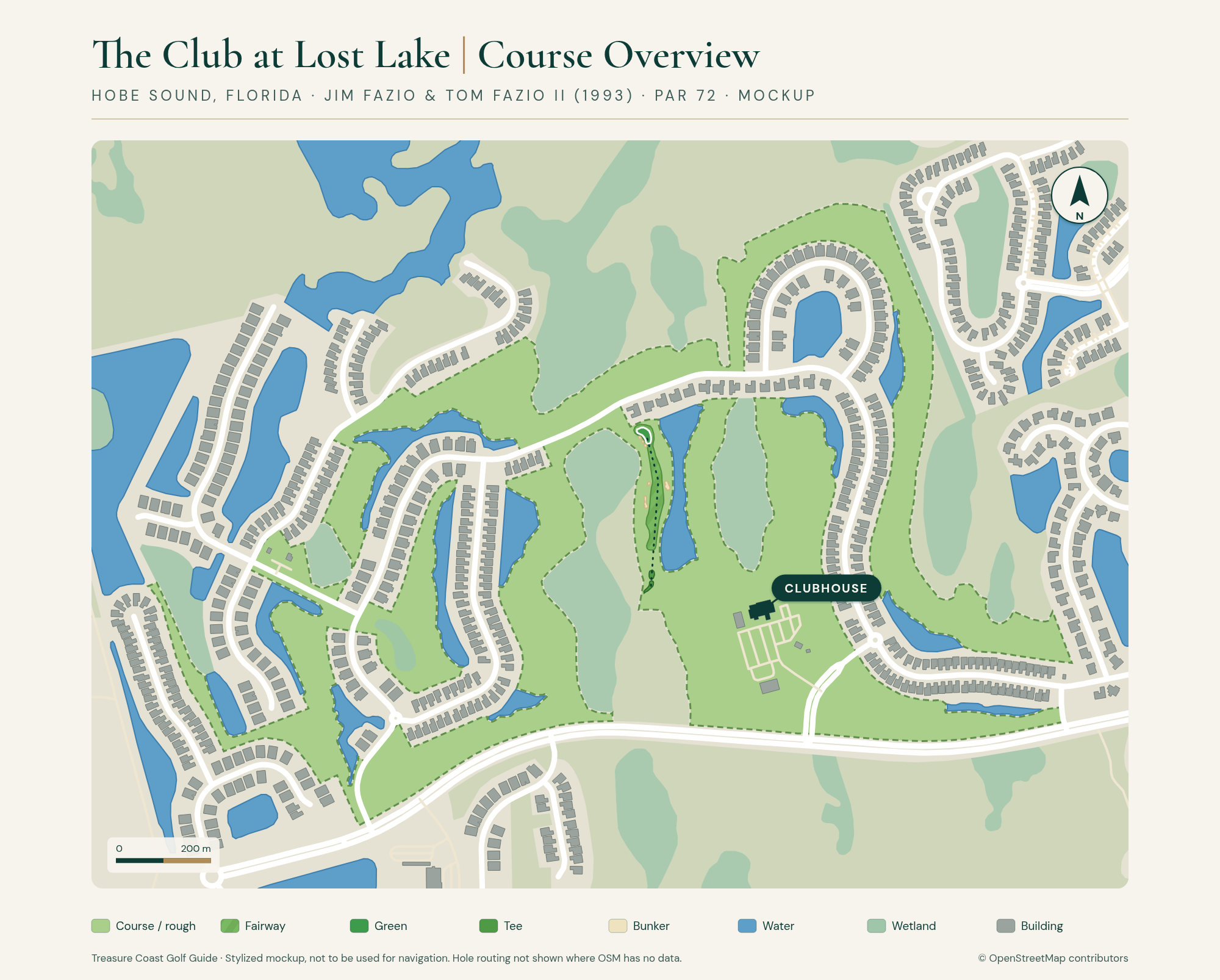 Stylized overview map of The Club at Lost Lake showing the course boundary, lakes, wetlands, roads, buildings, and the clubhouse