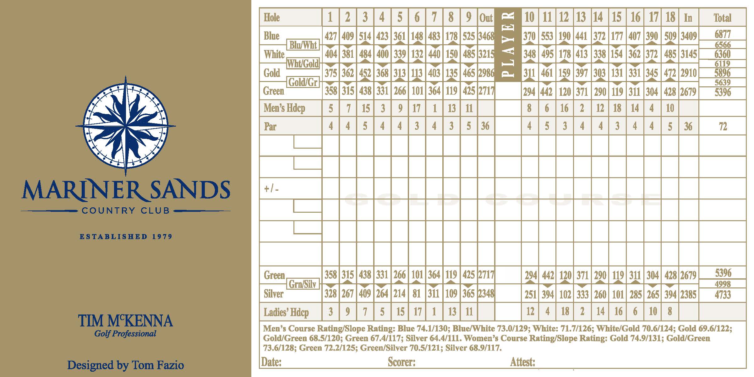 Mariner Sands Gold Course official scorecard showing hole-by-hole layout, pars, and yardages