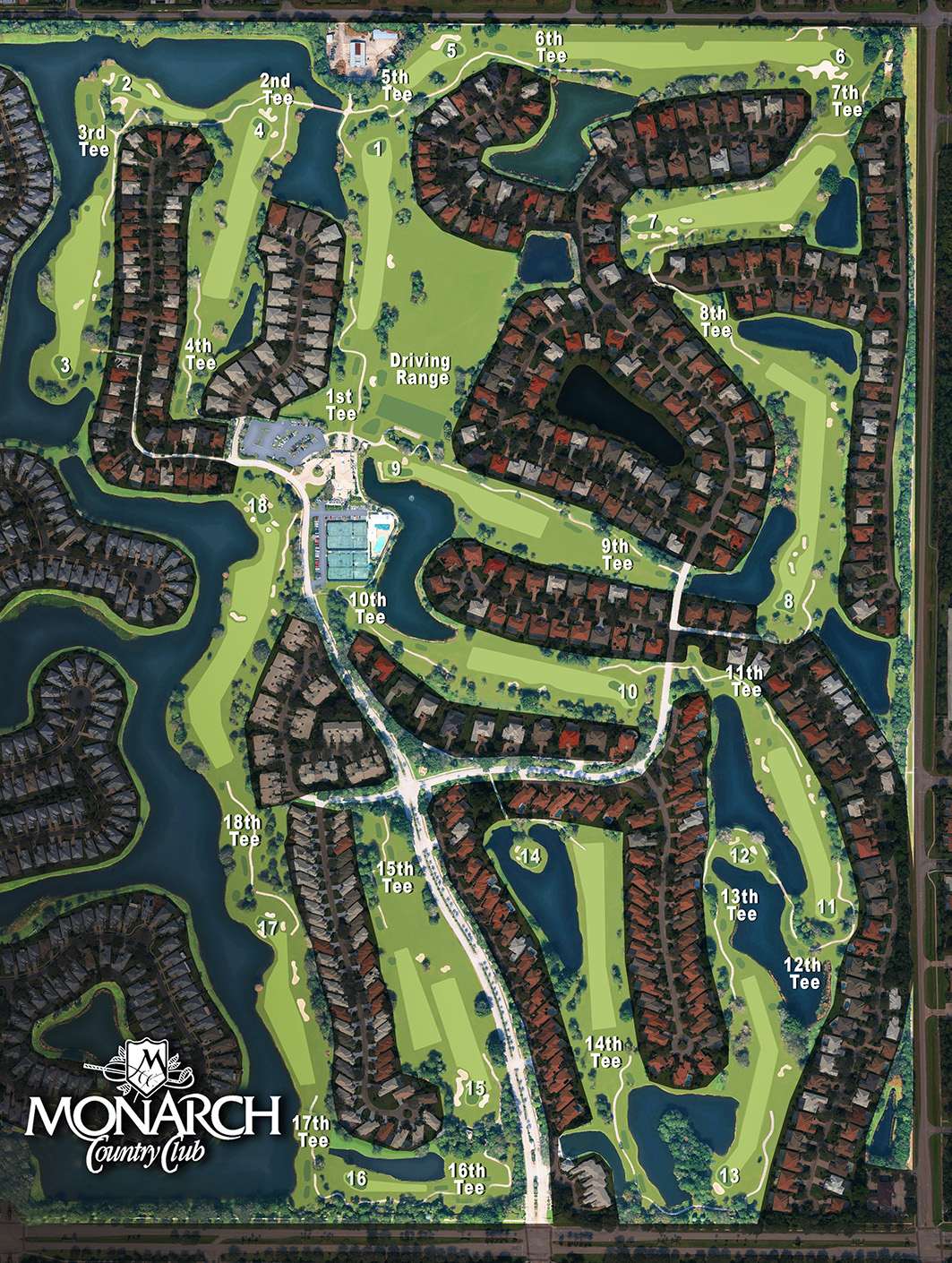 Aerial course layout of Monarch Country Club with numbered holes and tees, the driving range, clubhouse, tennis courts, and surrounding homes and lakes