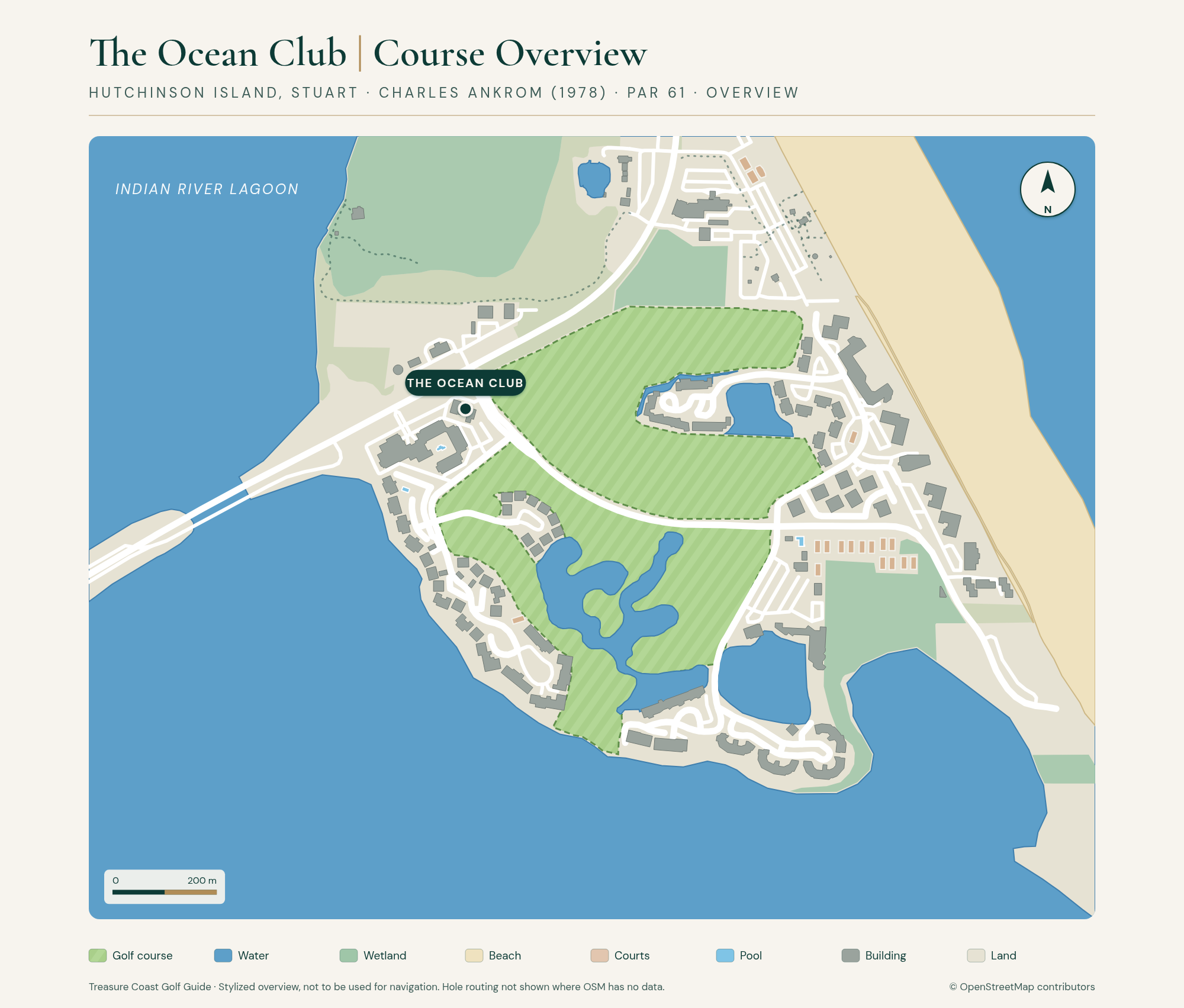 Stylized overview map of The Ocean Club golf course on Hutchinson Island between the Indian River Lagoon and the Atlantic beach, with lakes, roads, and resort buildings