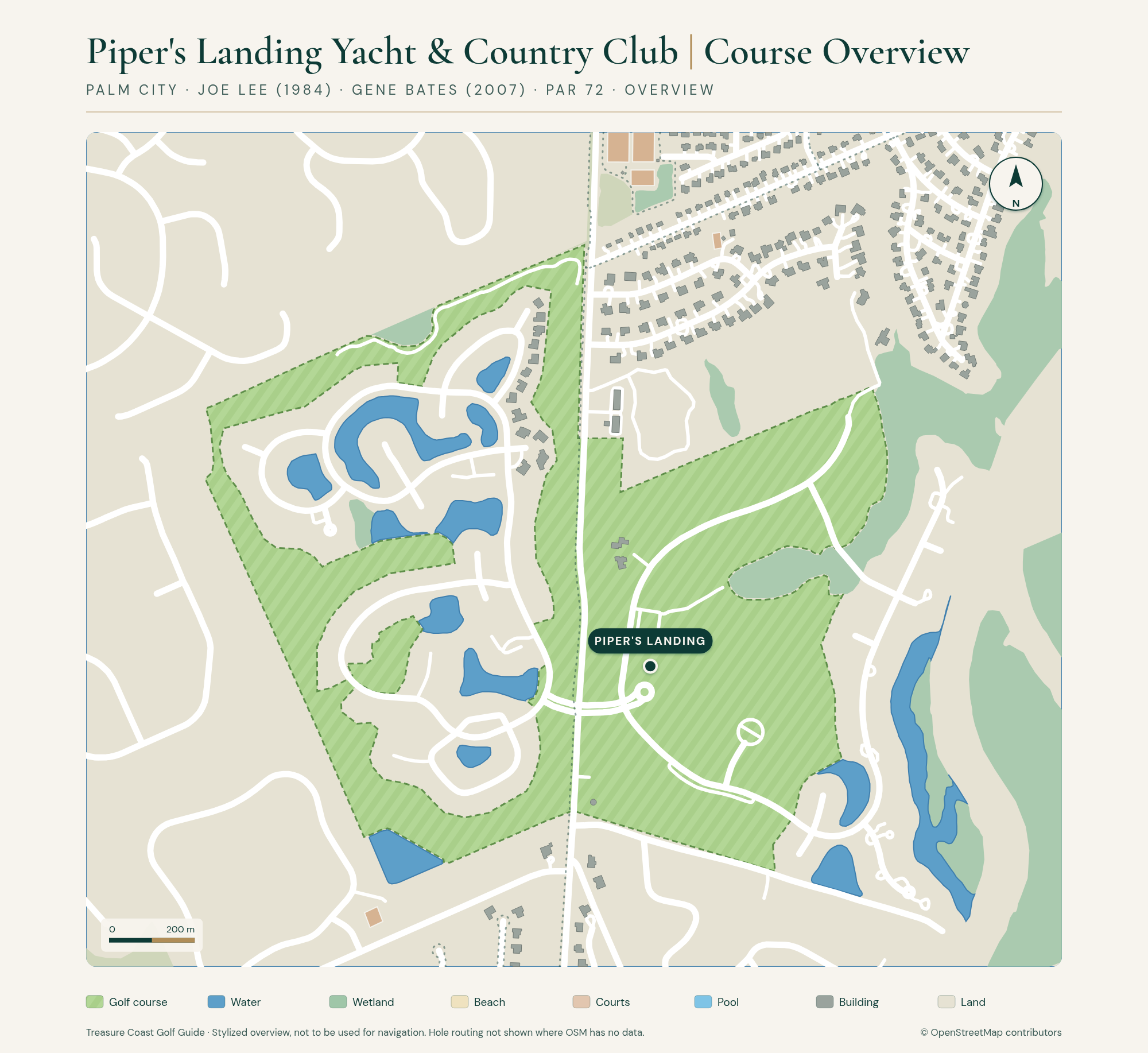 Stylized overview map of the Piper's Landing golf course in Palm City, with fairway areas, lakes, wetlands, roads, and homes
